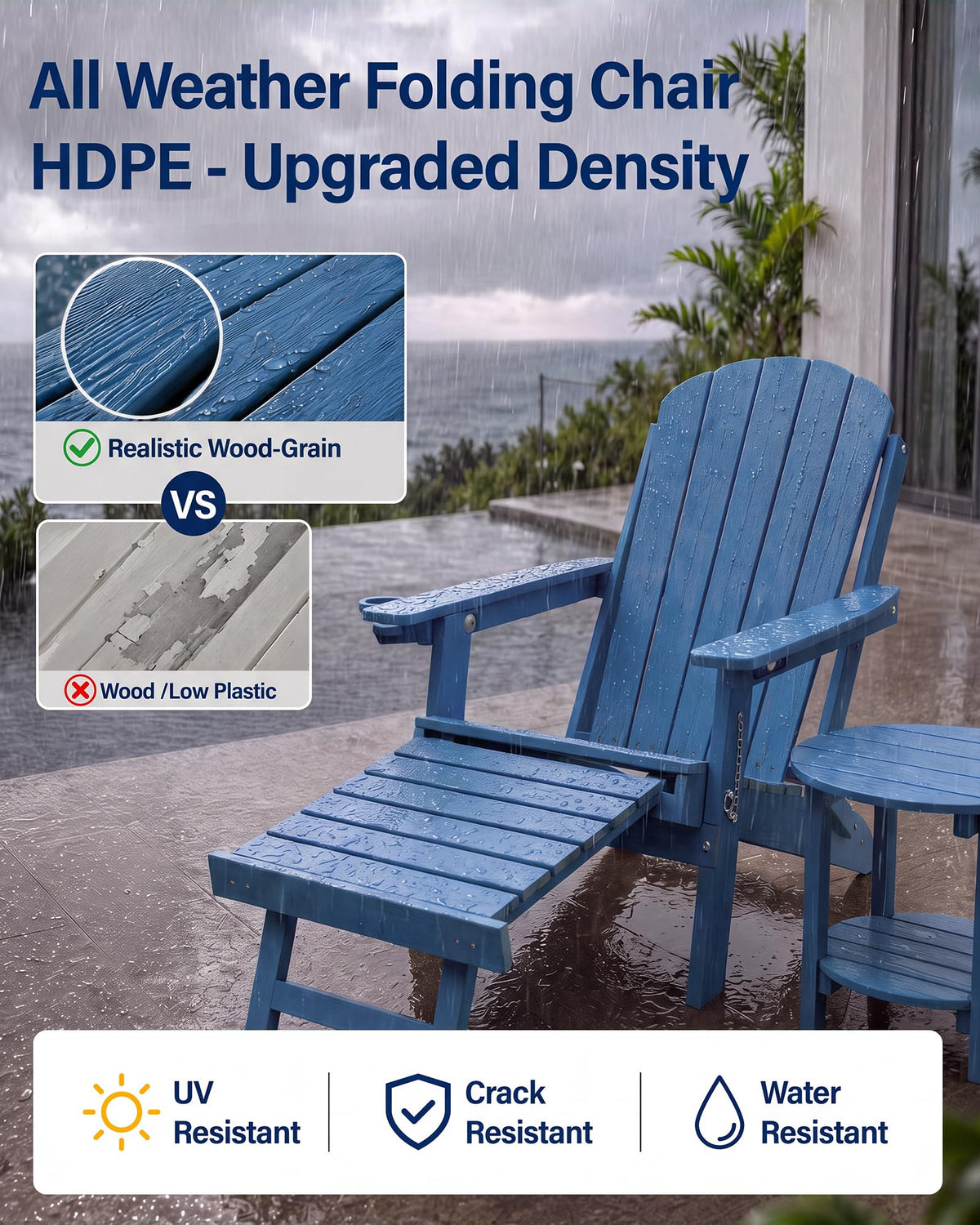 Blue HDPE Adirondack Chairs with Footrest Set of 4 Y97631