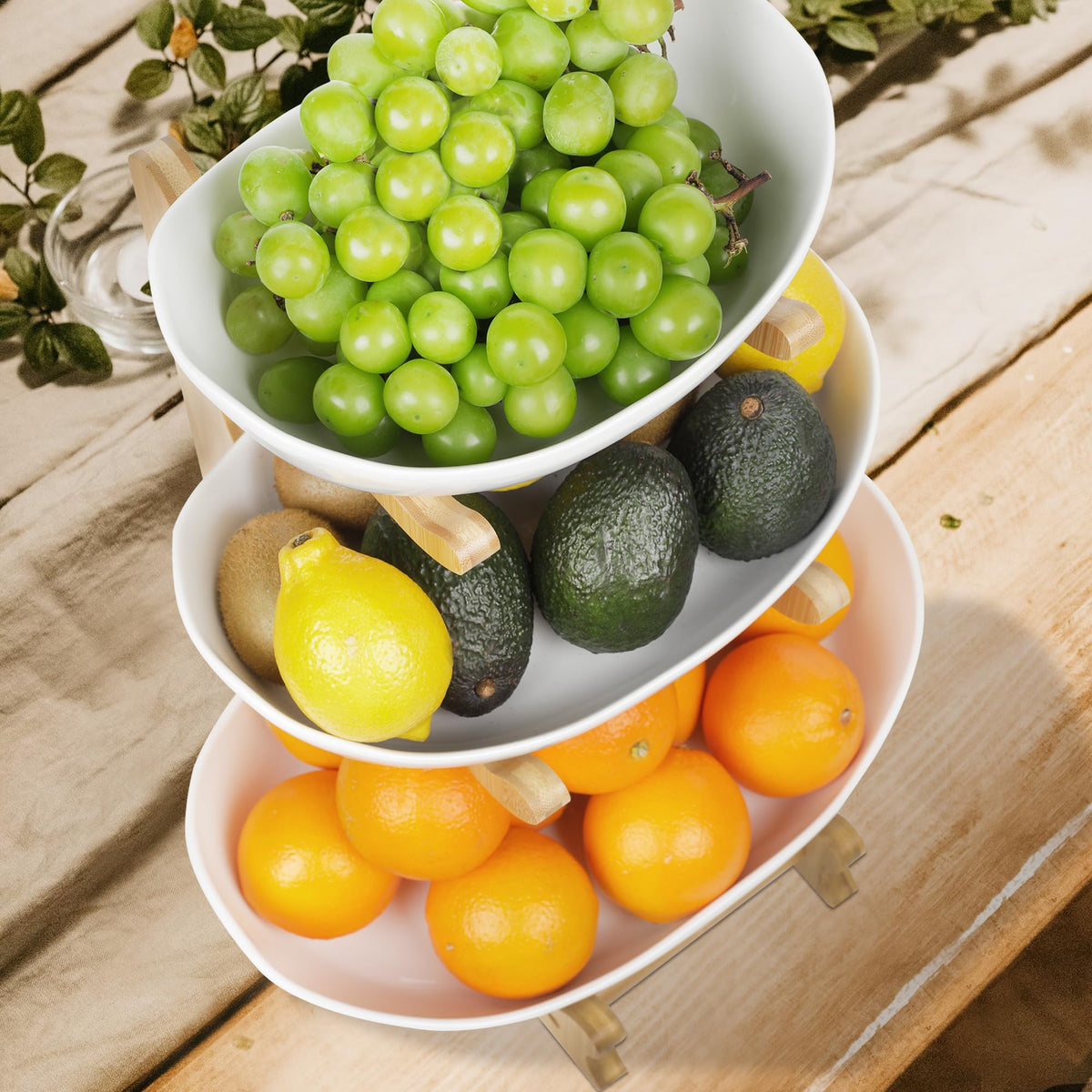 3 Tier Ceramic Fruit Bowl with Bamboo Stand D968