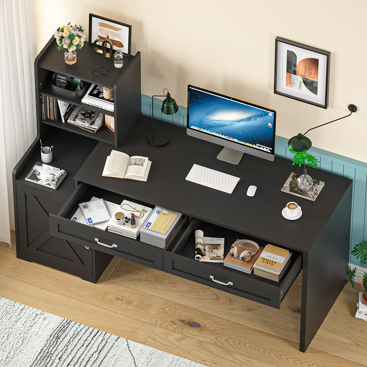 60" Computer Desk with Drawers & Bookshelves L36283