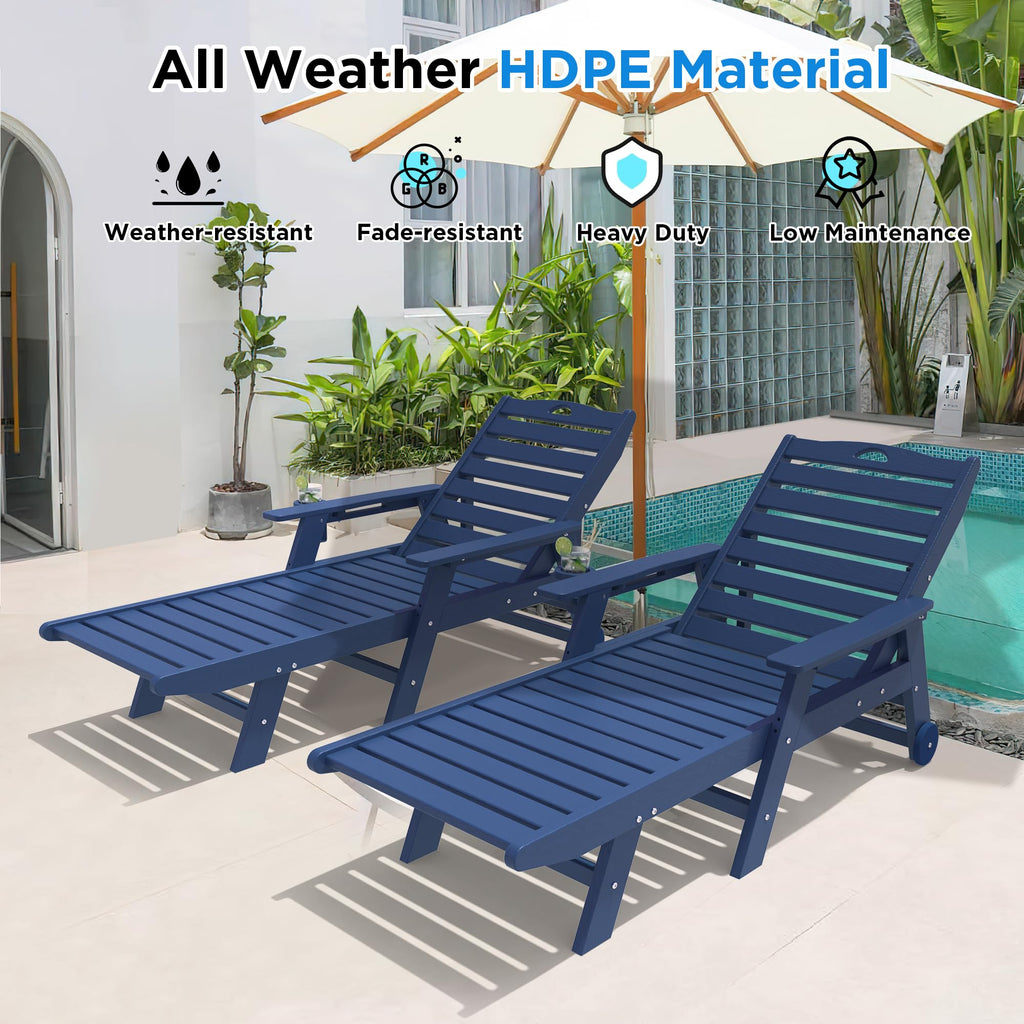 Set of 2 Outdoor Chaise Lounge Chairs with Wheels & Cup Holder Q4280
