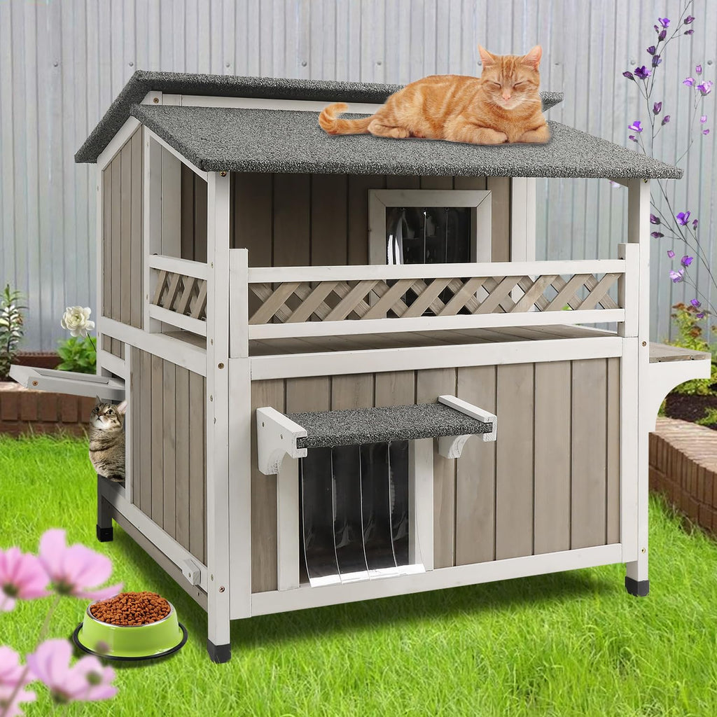 Weatherproof 2-Story Outdoor Cat House with Balcony H61664