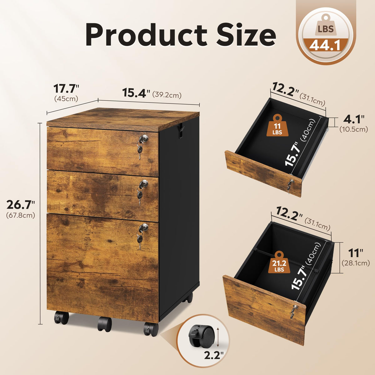 3 Drawer Wood File Cabinet with Locks M7262