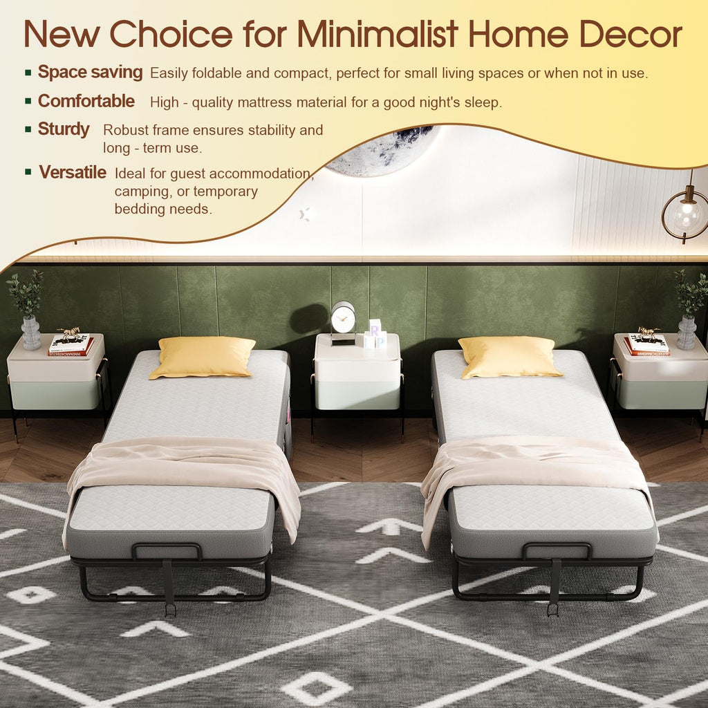 Folding Bed with Mattress, Memory Mattress Metal Frame Single Bed O11149