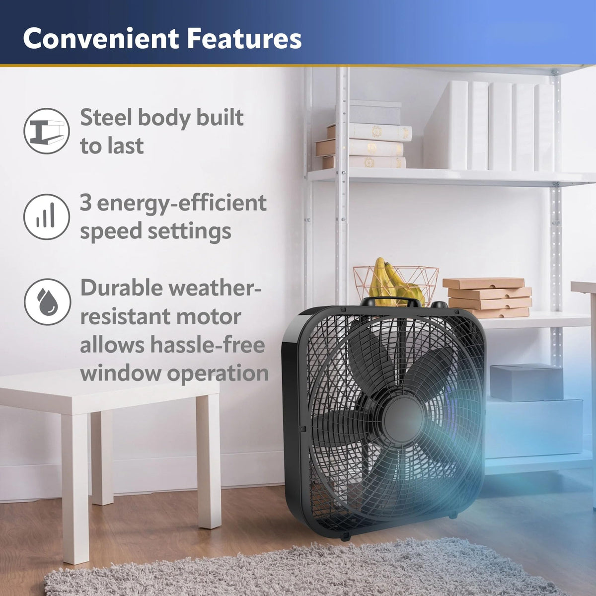 Black 20-inch 3-Speed Box Fan with Handle J76434