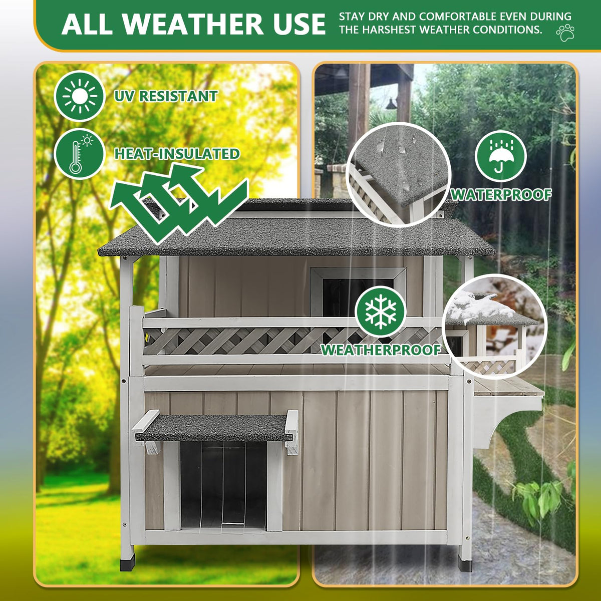 Weatherproof 2-Story Outdoor Cat House with Balcony H61664