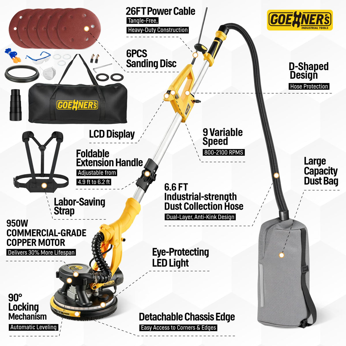 950W Electric Drywall Sander with Vacuum Dust Collector B942759
