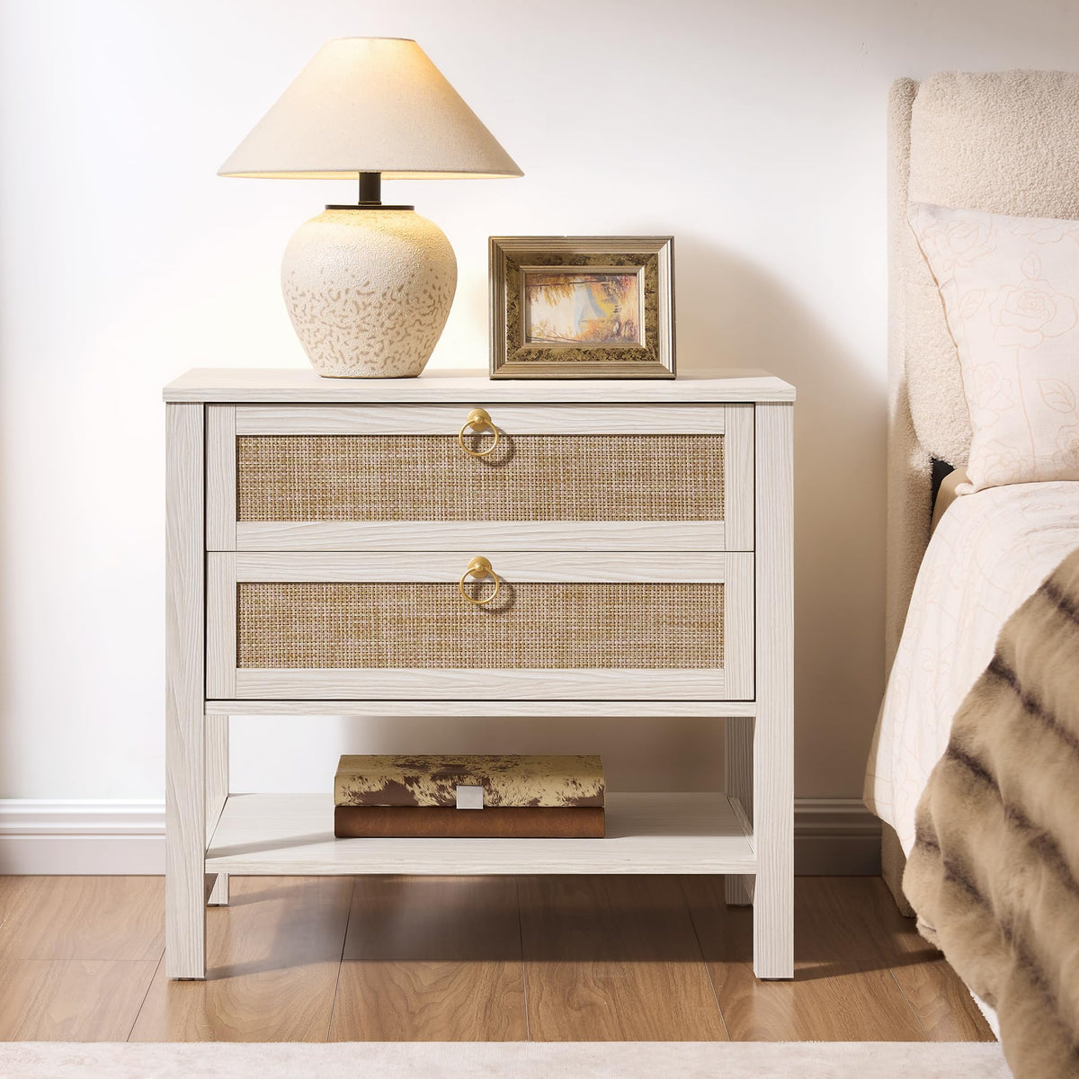 White Rattan Nightstand with 2 Drawers W928