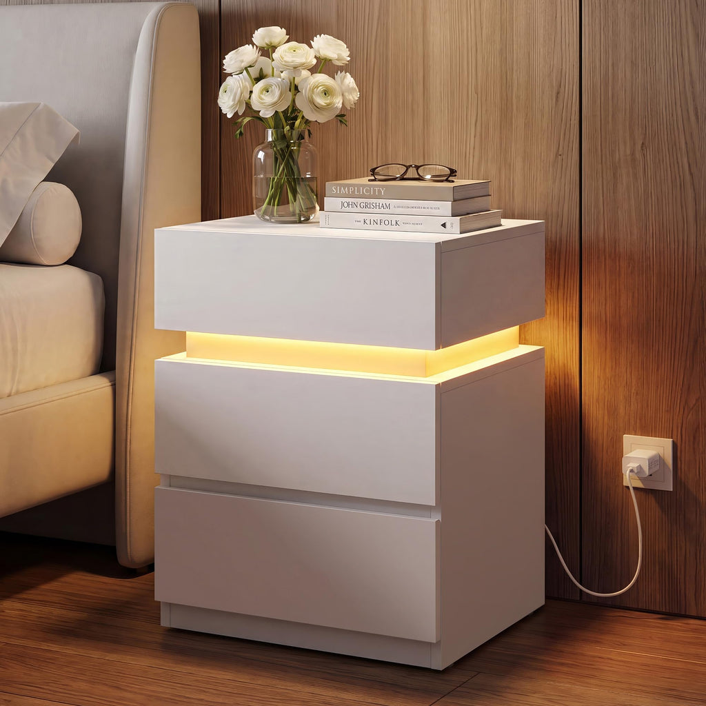 LED Nightstand with Charging Station, 3 Drawers E474508