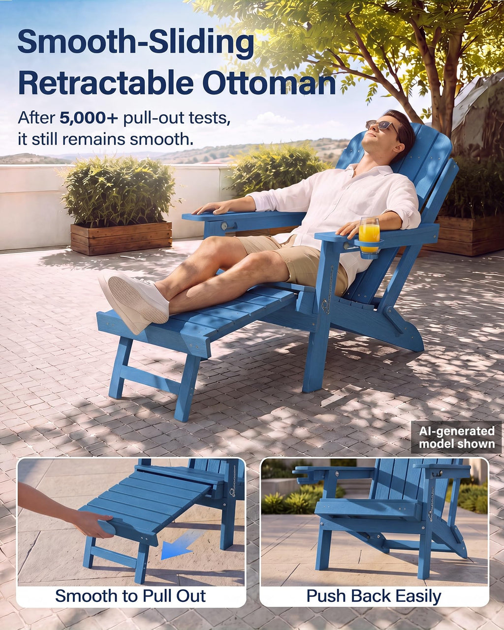 Blue HDPE Adirondack Chairs with Footrest Set of 4 Y97631