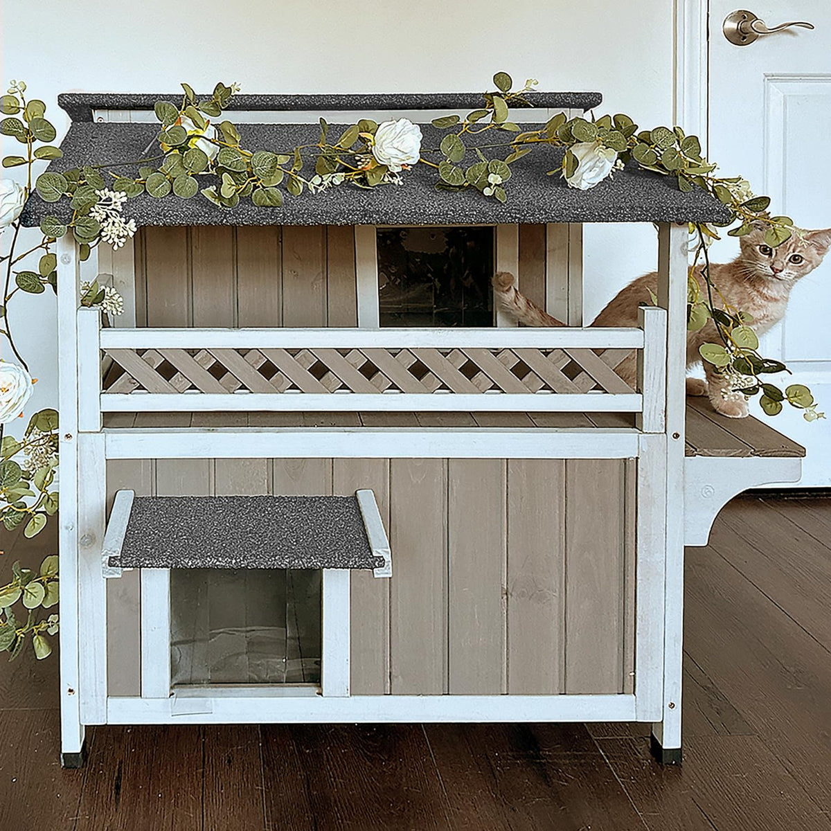 Weatherproof 2-Story Outdoor Cat House with Balcony H61664