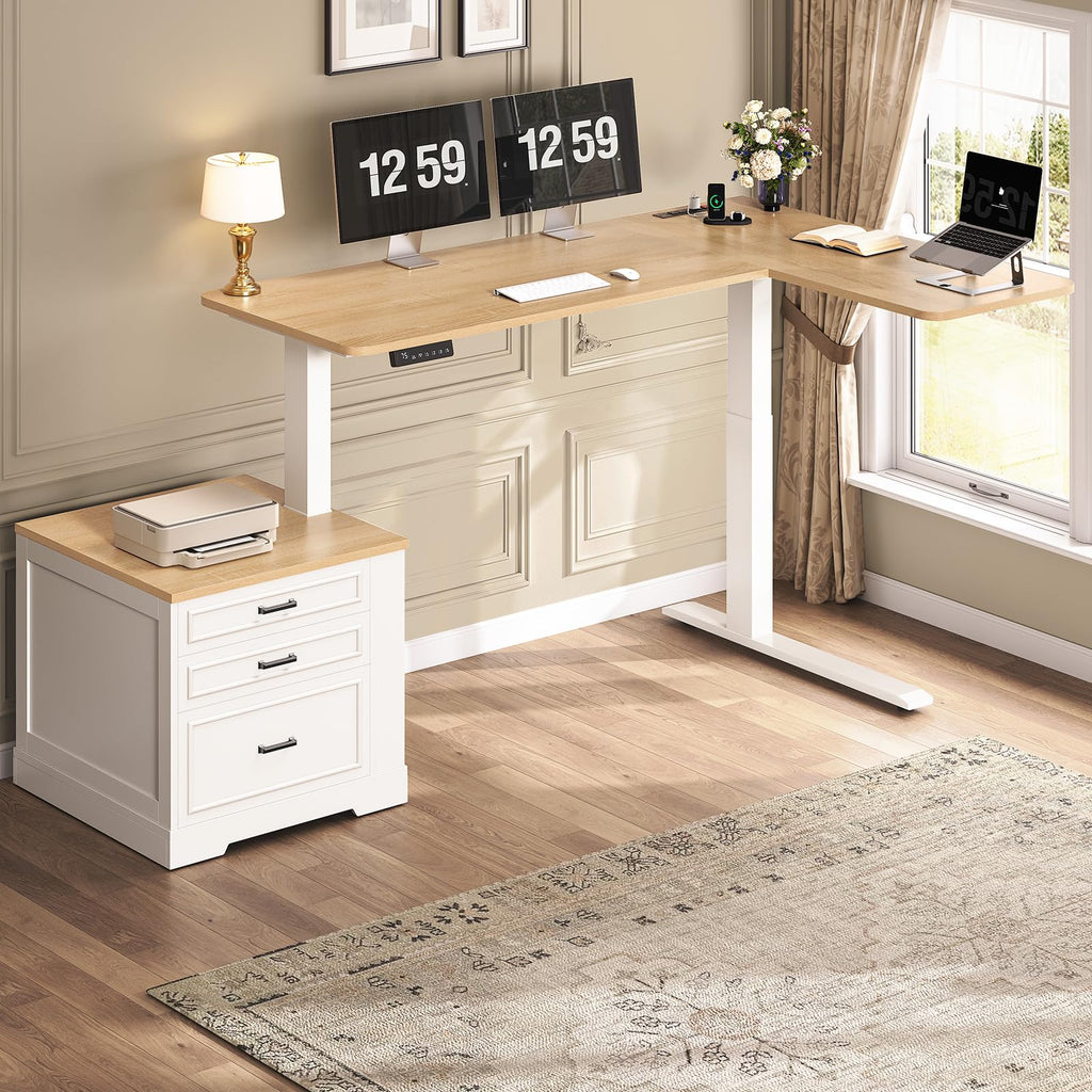 L Shaped Height Adjustable Standing Desk with 3 Drawers W29963