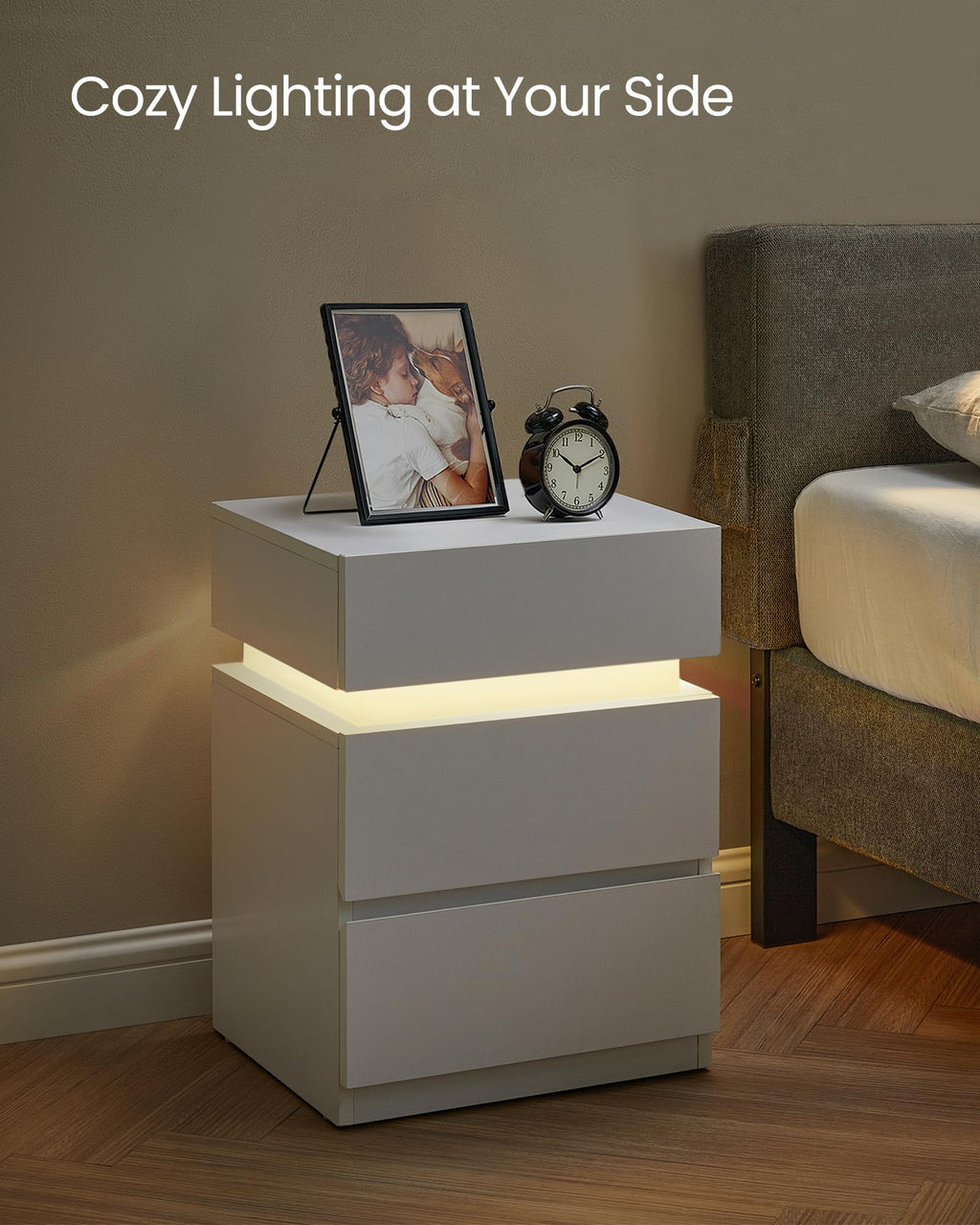 LED Nightstand with Charging Station, 3 Drawers E474508
