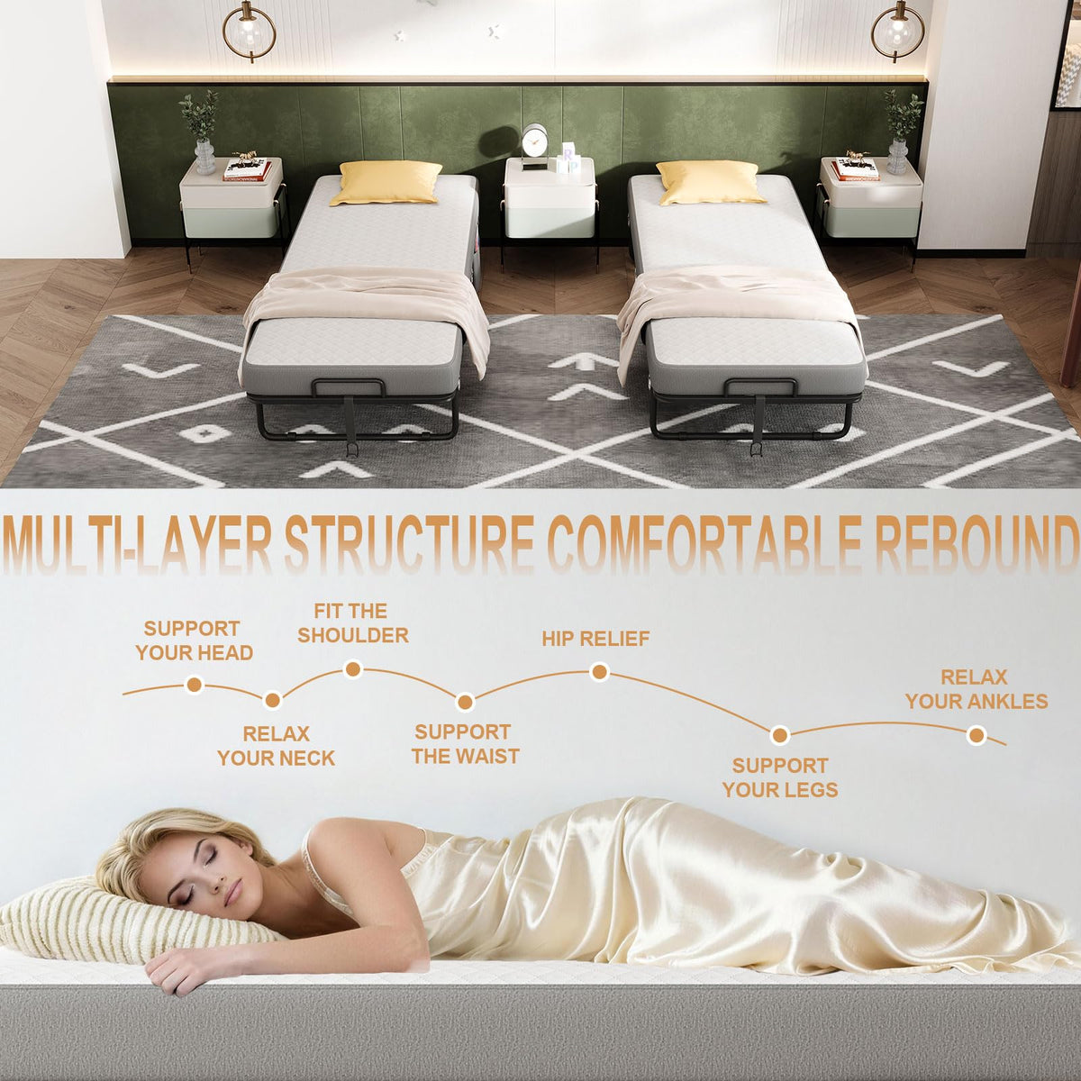 Folding Bed with Mattress, Memory Mattress Metal Frame Single Bed O11149