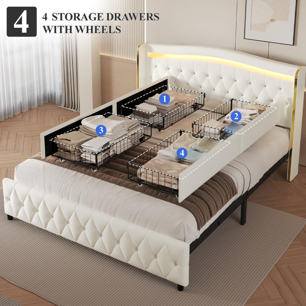 White Full Size Bed Frame with 4 Storage Drawers H4600