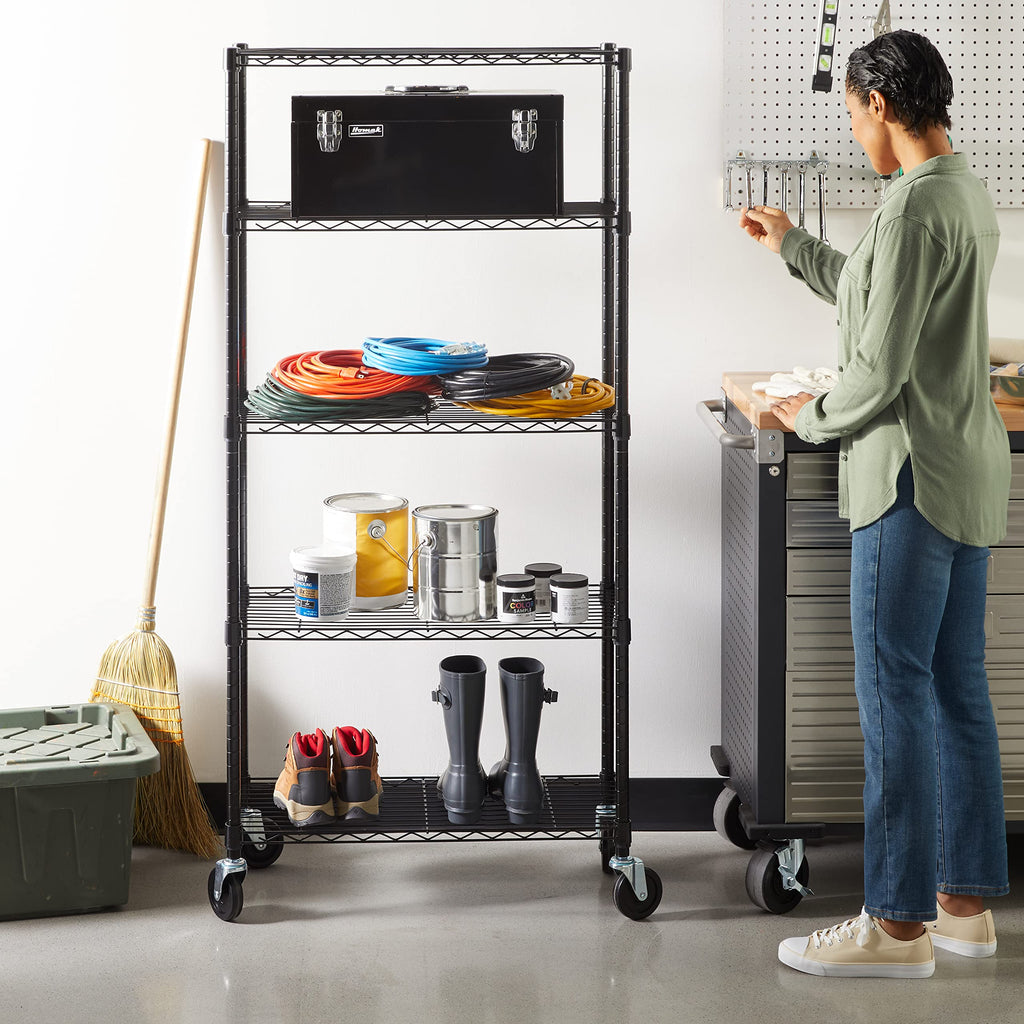 5-Shelf Heavy Duty Adjustable Metal Wire Shelving Storage Rack with Wheel Casters, Black V6441