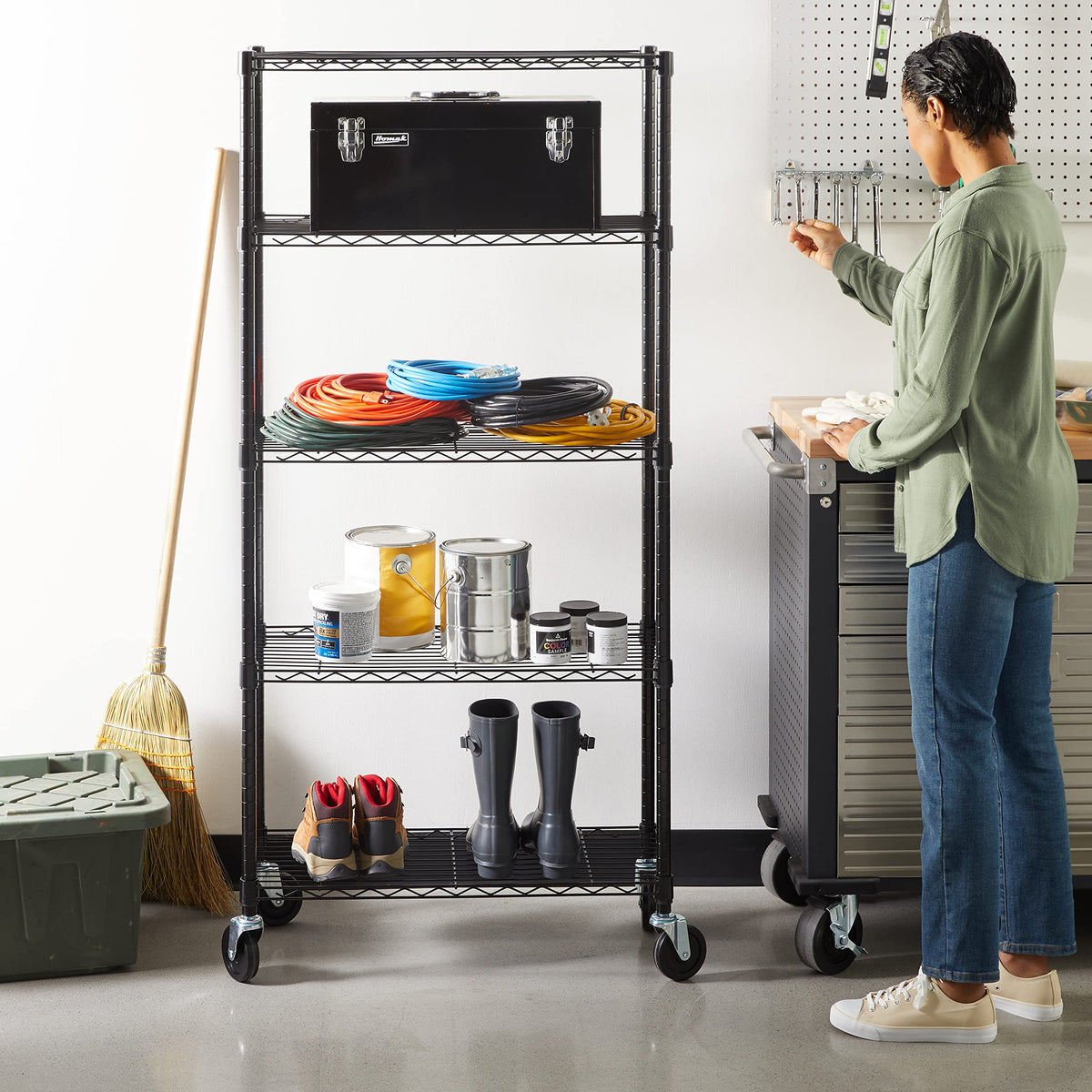 5-Shelf Heavy Duty Adjustable Metal Wire Shelving Storage Rack with Wheel Casters, Black V6441