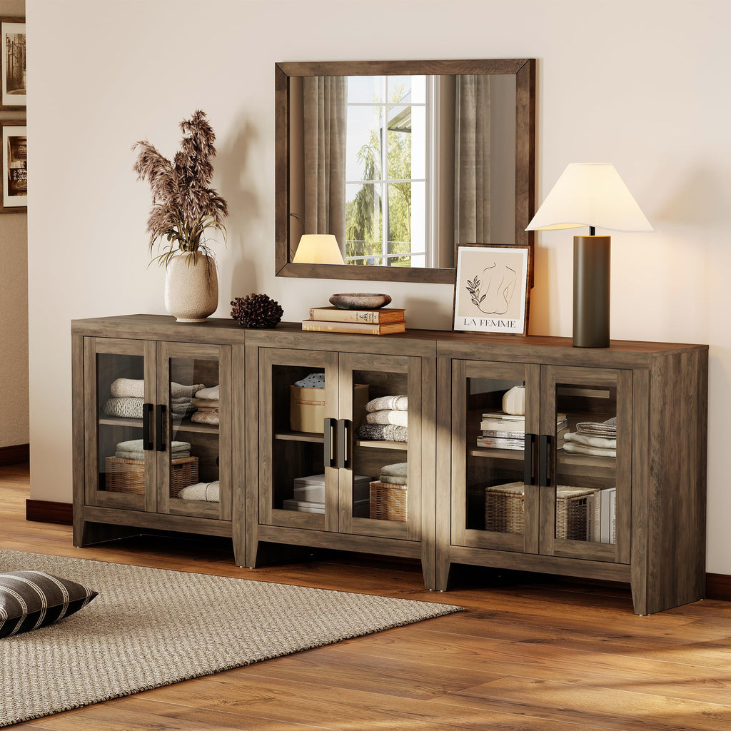 Brown Wood TV Stand with Glass Doors and Storage M436598