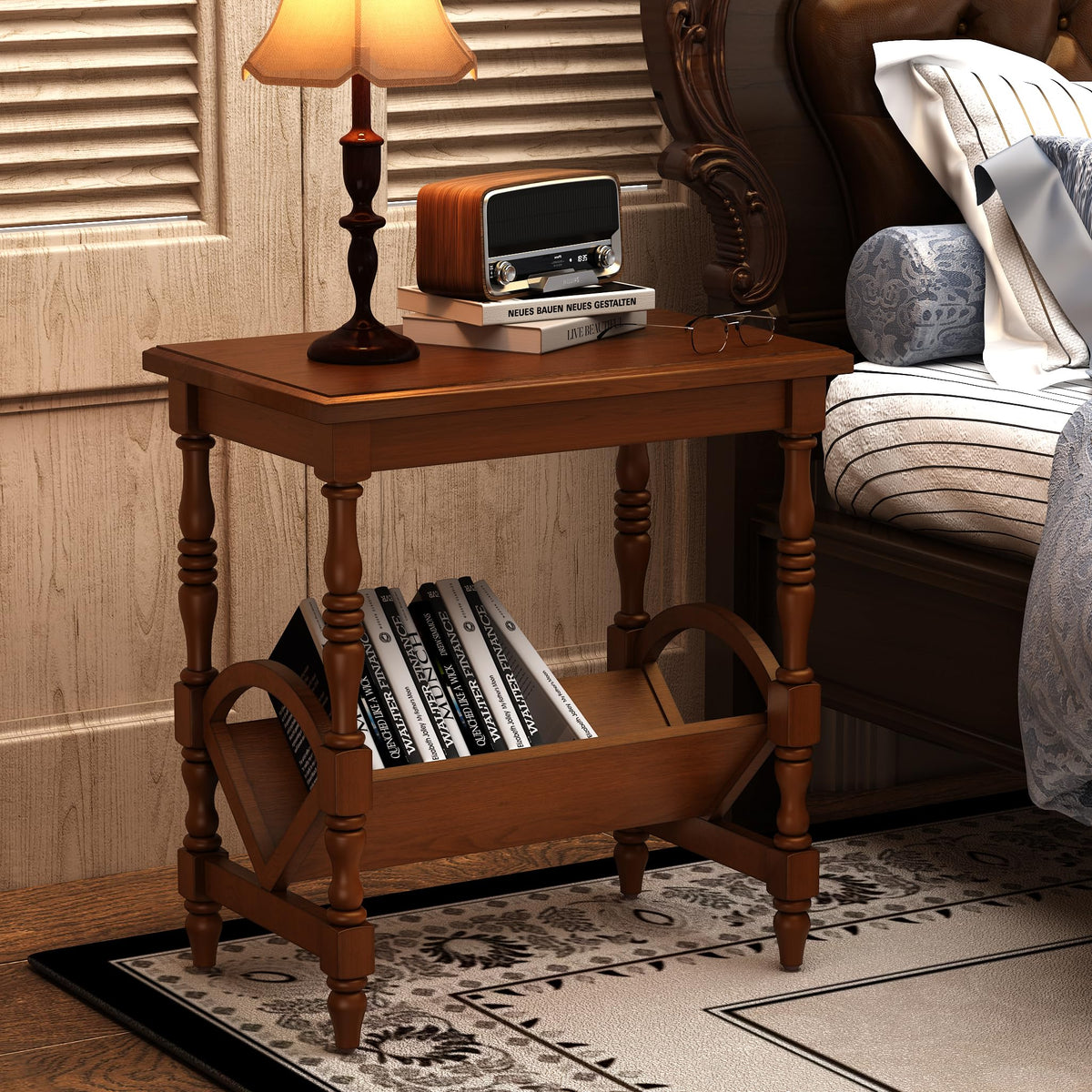 Wood End Table with Magazine Rack and Rubberwood Legs O856