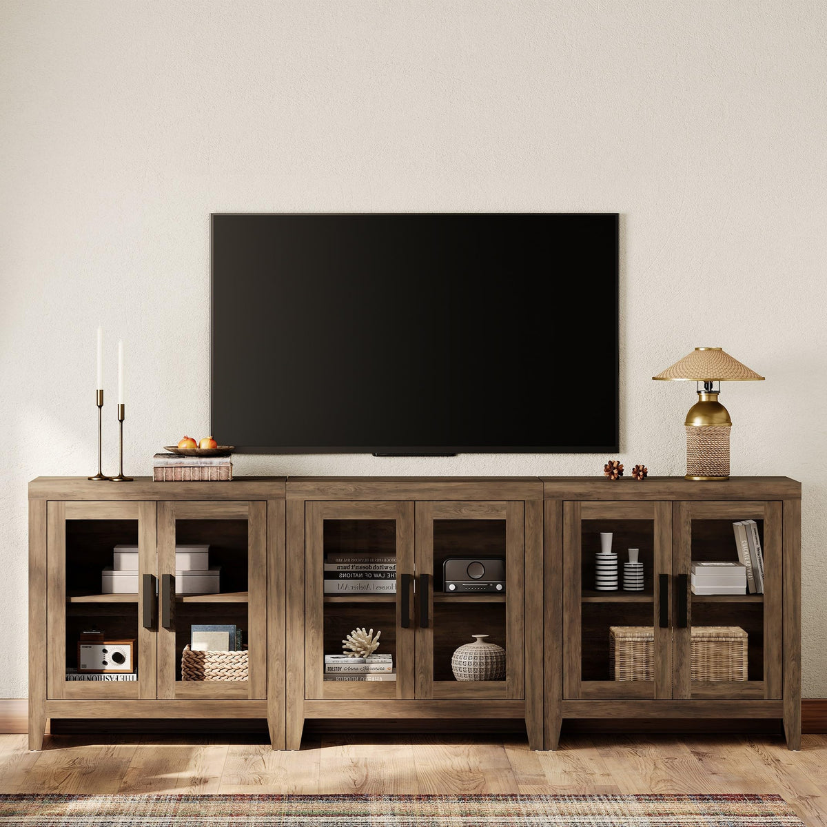 Brown Wood TV Stand with Glass Doors and Storage M436598