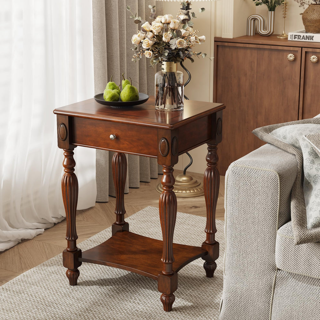 Solid Wood Side Table with Drawer, Cherry Walnut C4750