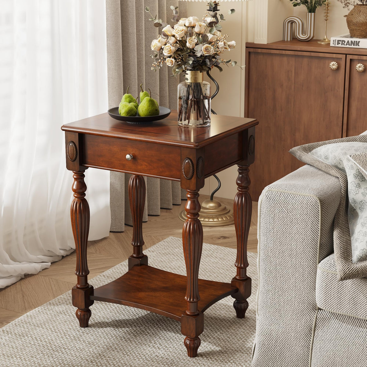 Solid Wood Side Table with Drawer, Cherry Walnut C4750