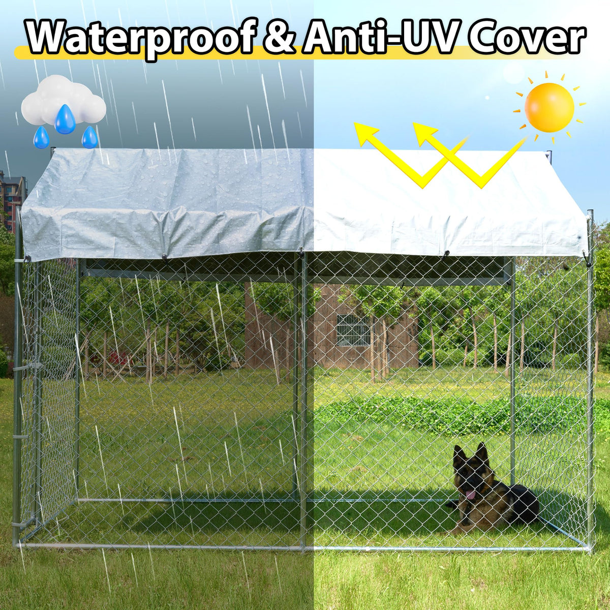 Heavy Duty Galvanized Steel Dog Kennel with Lockable Door and Water-Resistant Roof E930