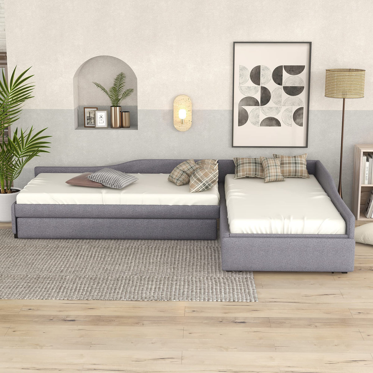 Gray Linen Upholstered Double Twin Size Daybed with Trundle and Drawer M6277