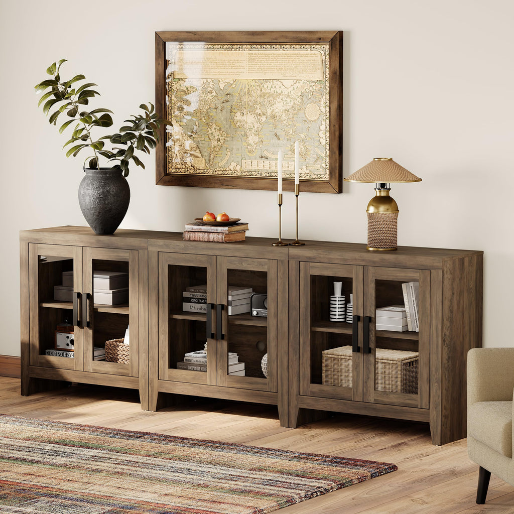 Brown Wood TV Stand with Glass Doors and Storage M436598