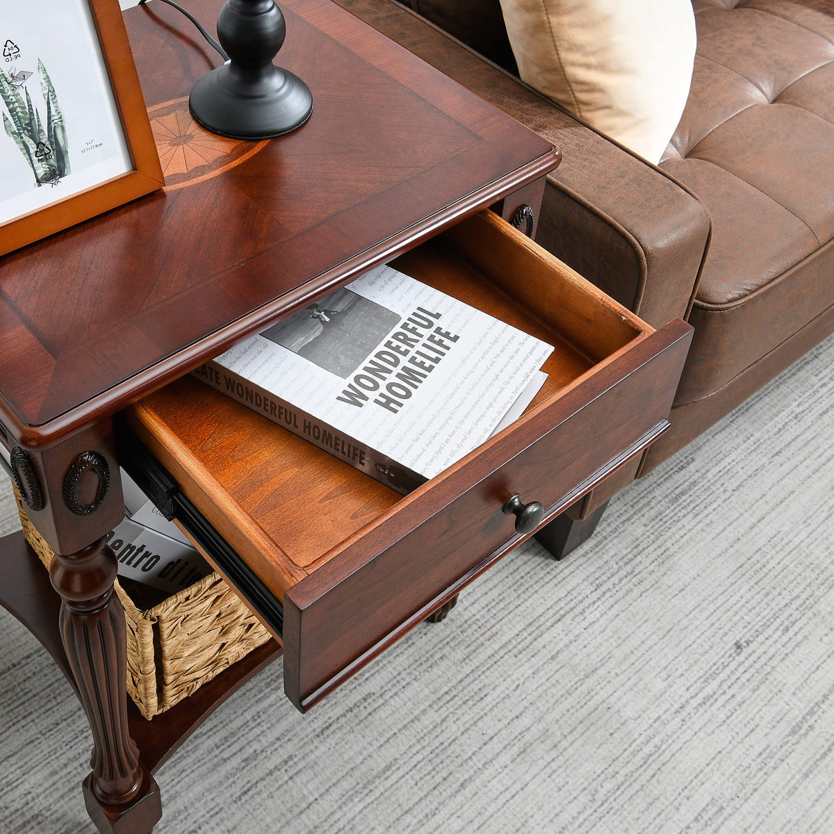 Solid Wood Side Table with Drawer, Cherry Walnut C4750