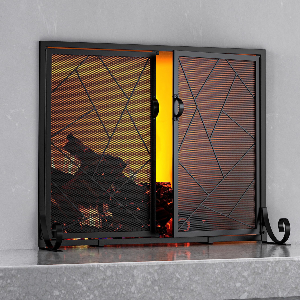 Hinged Fireplace Screen Iron Frame Fire Guard J5239