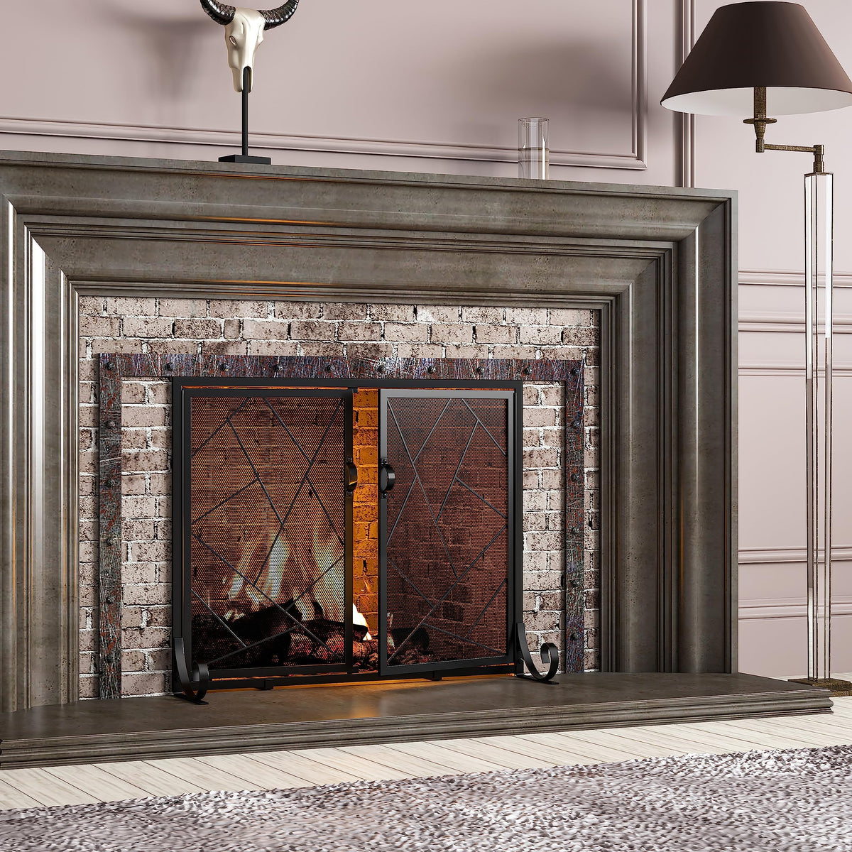 Hinged Fireplace Screen Iron Frame Fire Guard J5239